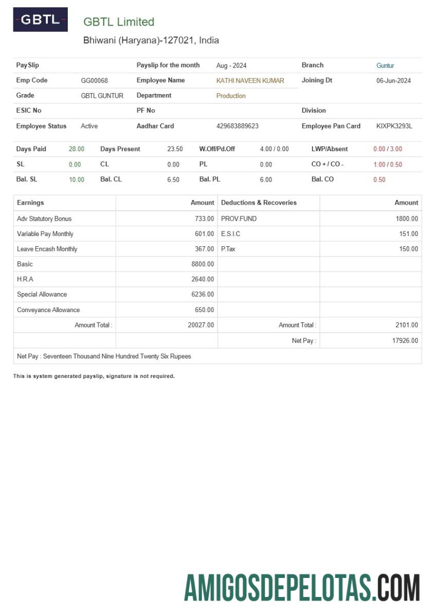 Para download Modelo de recibo de pagamento da GBTL Limited Textile Company em formatos Word e PDF.pdf, 1